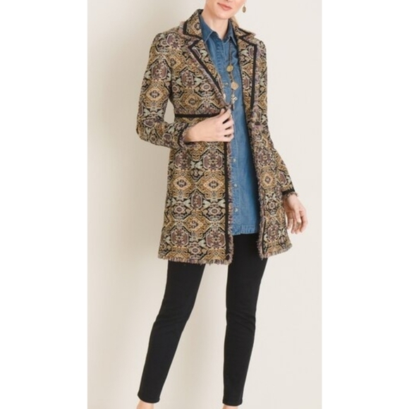 Chico's Fringe trim Jacquard Topper jacket size 1 =M/8 - Picture 2 of 12